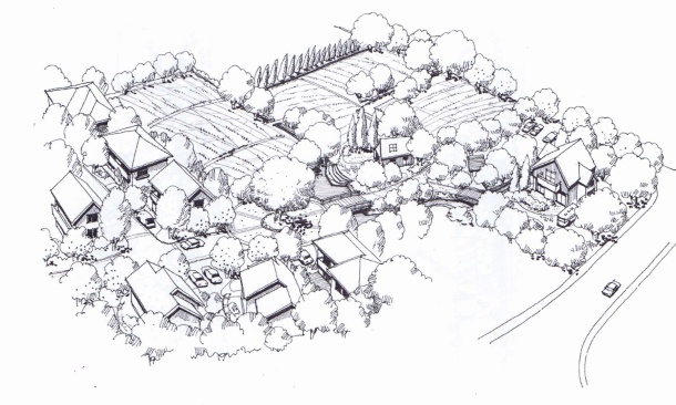 ●まちなみと公園や田畑を、一緒に見ることのできる鳥瞰イメージイラスト ●まちなみと公園や田畑を、一緒に見ることのできる鳥瞰イメージイラスト