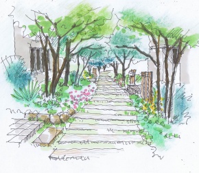 ・敷地を提供しあった生活道路で草花や樹木もシェア。