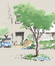 葉や幹の陰翳と、白抜き部分で光を感じさせます。