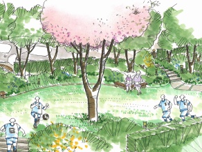 広場の中心の木を象徴的に描き、子供たちの動きを入れることで、より求心性を強調しています。
