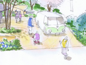 三輪車やポンプで遊ぶ幼児たち、見守る母親。