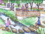 小川の水辺は憩いの場。