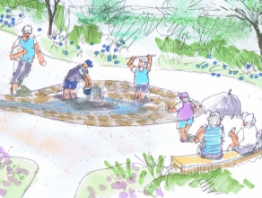 広場に井戸噴水があると、子供達にはとても嬉しい。